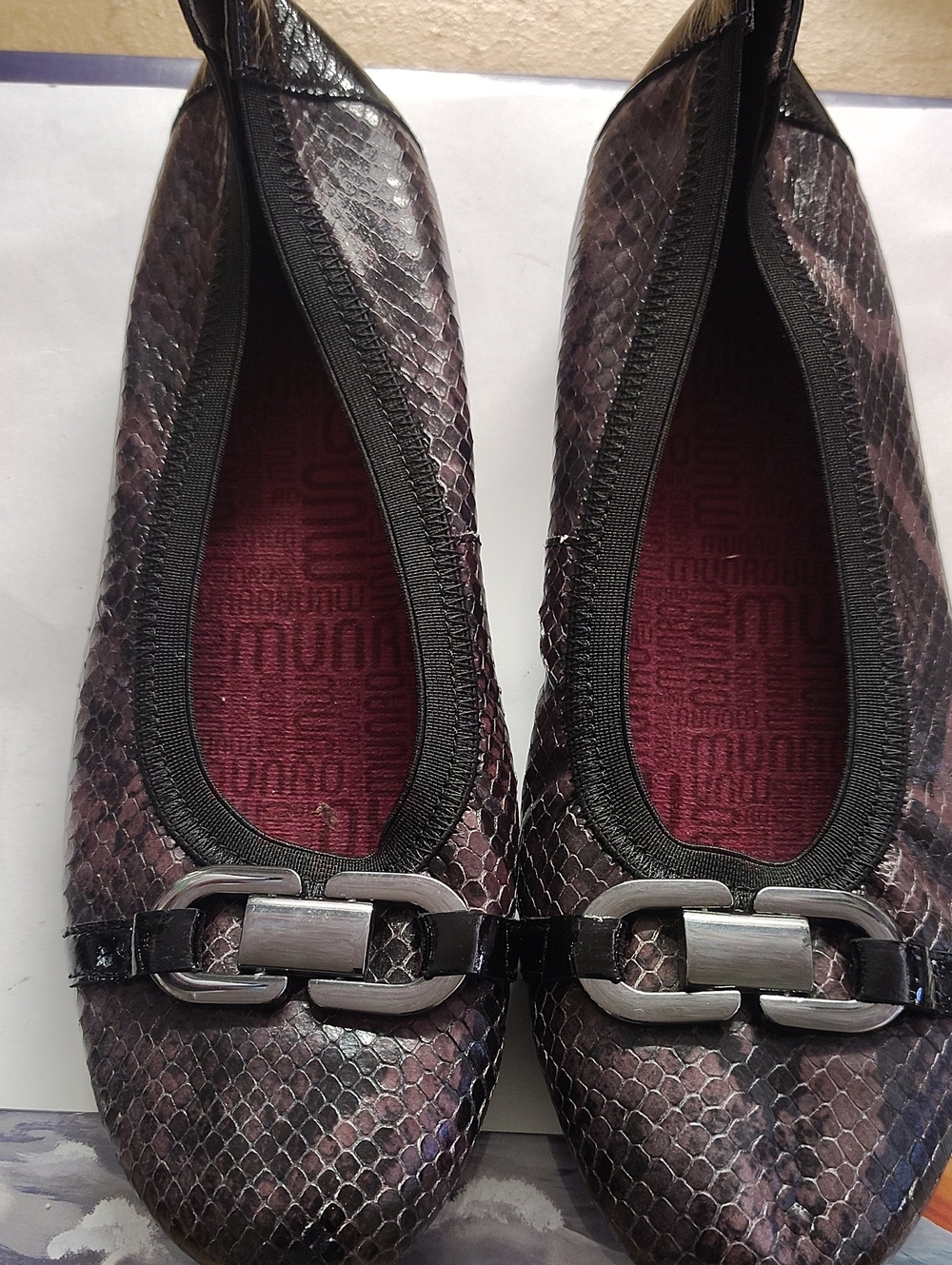 Munro Dark Plum Snake-Embossed Ballet Flats with Silver Chain